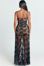Floral Lace Sweetheart Spaghetti Strap Ruched High Split Maxi Dress