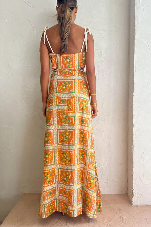 Lemon Print Square Neck Rope Tie Side Cut Out Maxi Dress