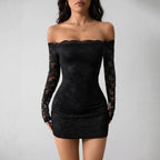 Lace Off-shoulder Long-sleeve Slim-fit Slimming Dress