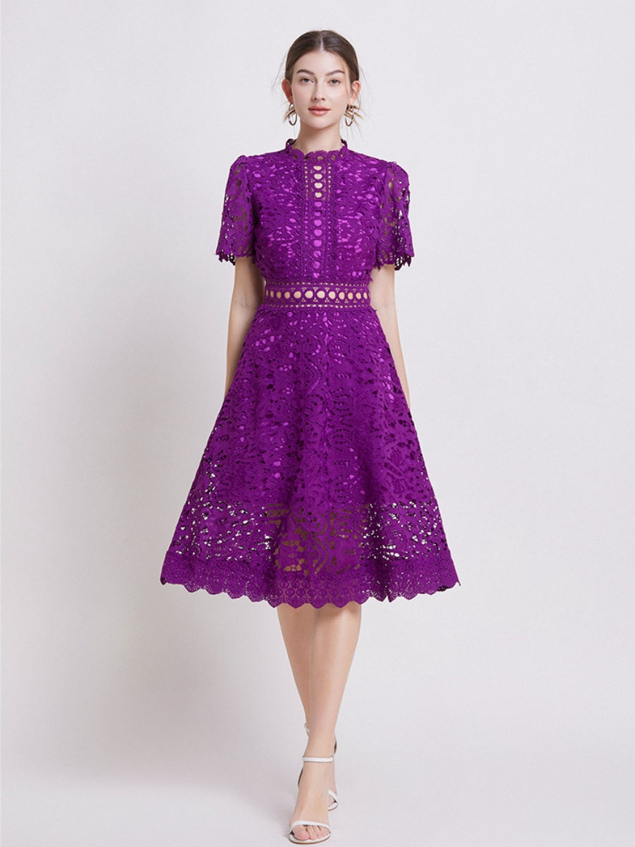 Lace Waist-cinching Hollow-out Midi Dress