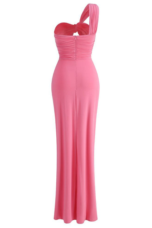 One Shoulder Twisted Buckle Cut Out Ruched High Split Bodycon Maxi Dress