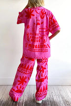 Unique Print Short Sleeves Blouse Shirt Elastic Waist Wide Leg Pants Set