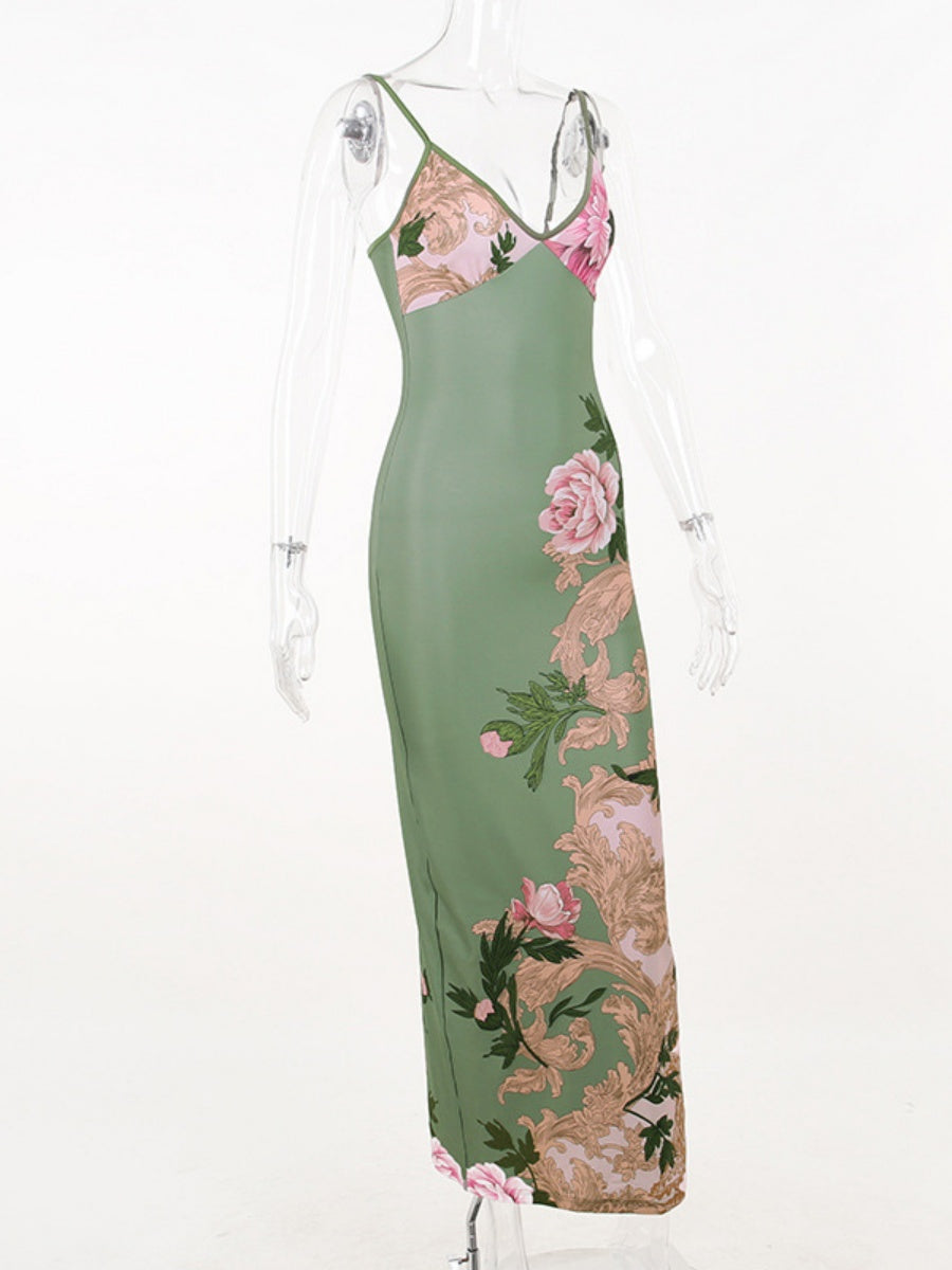 V-neck Camisoles Printed Sexy Backless Maxi Dresses