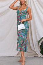Mesh Overlay Ruched Floral Bodycon Midi Cami Dress