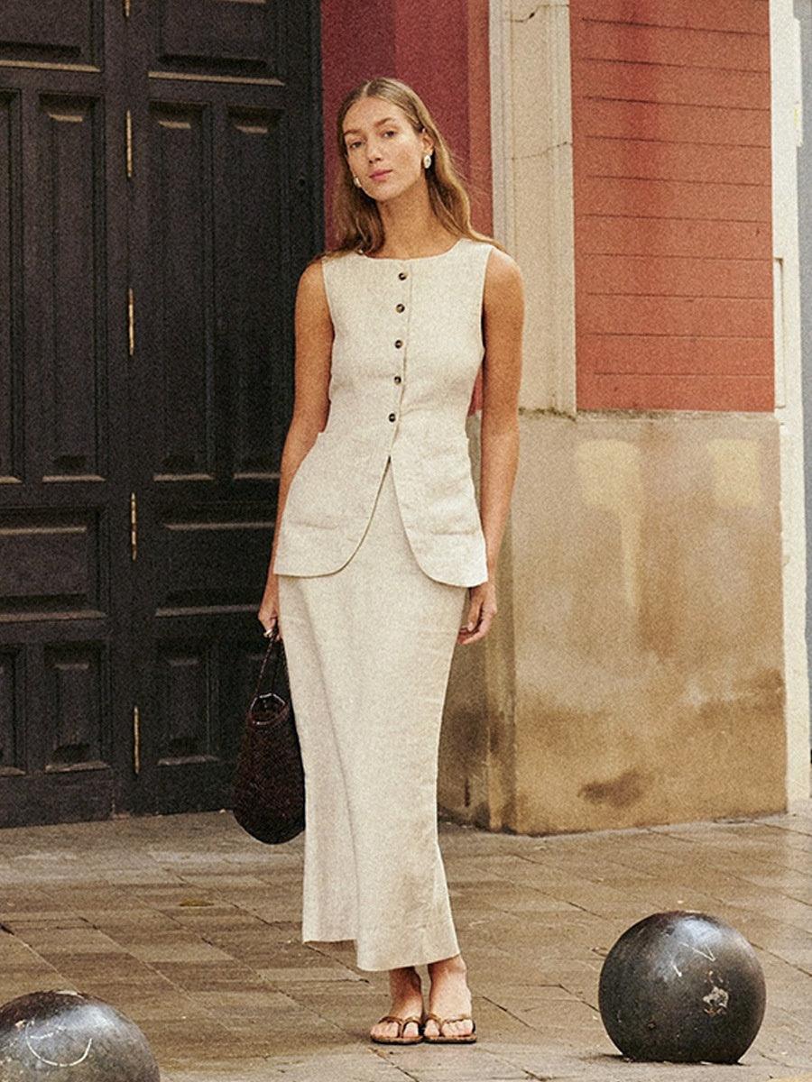 Flax High-waisted Sleeveless Vest Skirts Set 2-piece Sets