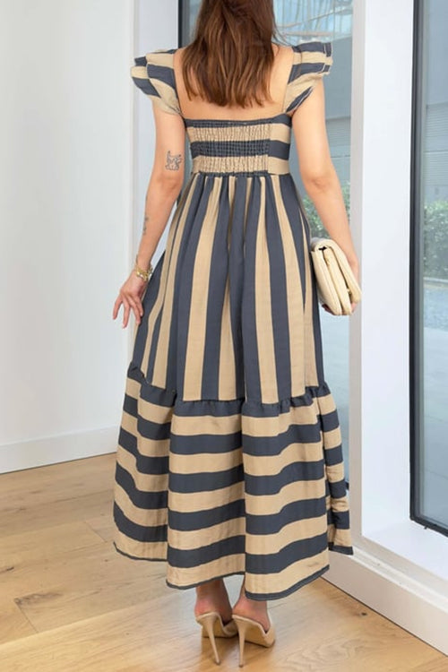 Square Neck Ruffle Sleeves Striped Maxi Dress