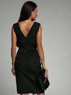 V-neck Sleeveless High-waisted Slit Dress Pleated Solid Color Short Dress