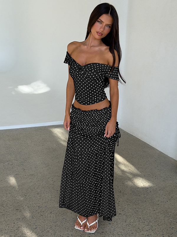 Two-piece Set: Raglan Strapless Top With Polka Dot Side Bow And Long Skirt