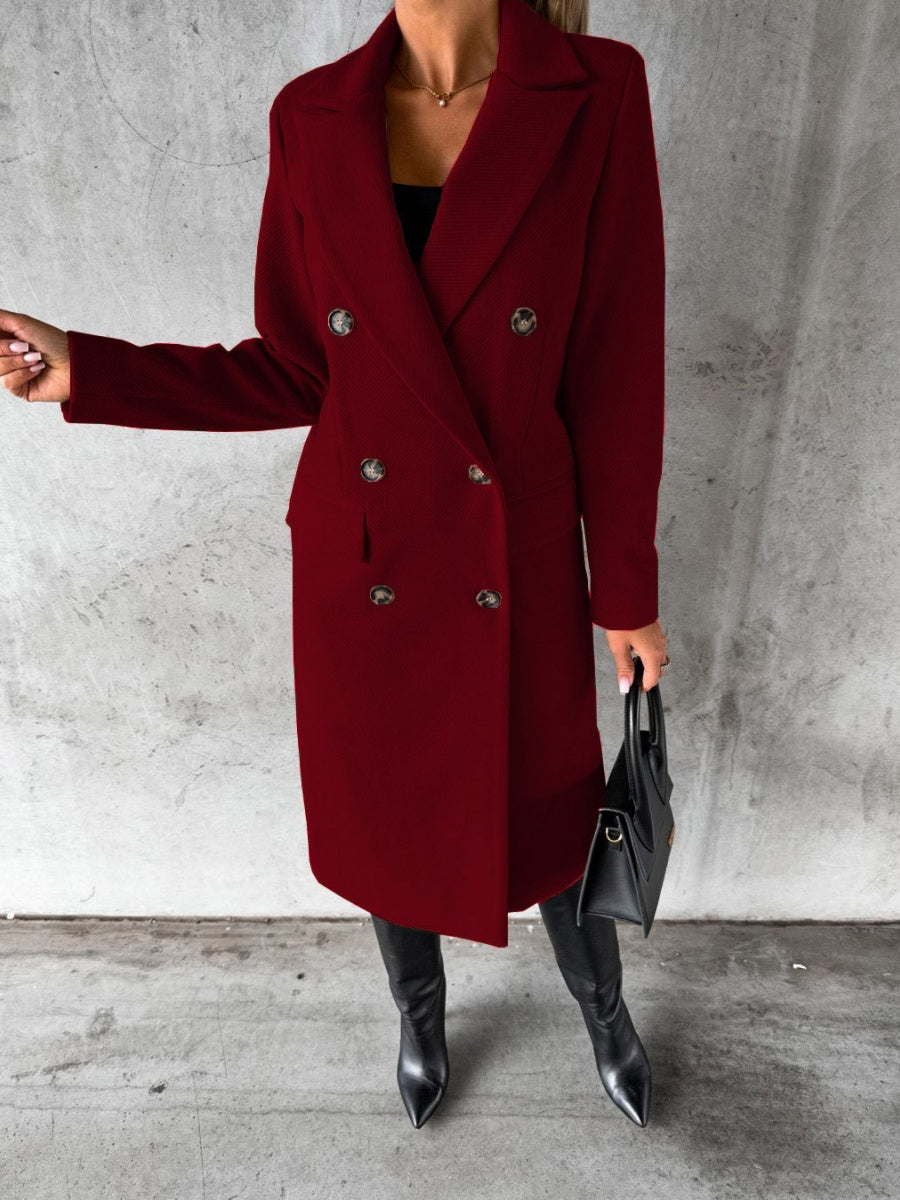 Long Sleeves, Lapel, Solid Color, Double-breasted, Slim Fit Coats