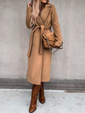 Solid Color Lapel Long Sleeve Woolen Simple Tie Coats