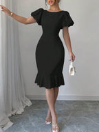 Round Neck Lantern Sleeve Ruffled Fishtail Midi Dress