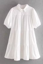 Puff Sleeves Button Down Ruffle Tiered Mini Shirt Dress