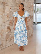 Printed Puff Sleeve Sweetheart Collar Vacation Maxi Dresses