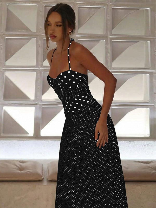 Polka Dot Retro Pleated Long Dress With A Halter Neck