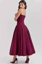Strapless Plunging V-Neck Corset Bodice Box Pleat A-Line Midi Dress