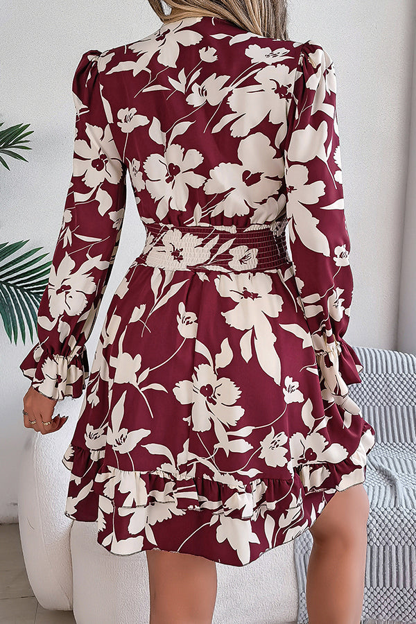 Floral Print Tie Front Deep V-Neck Smocked Waist Tiered Ruffle Mini Dress