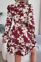 Floral Print Tie Front Deep V-Neck Smocked Waist Tiered Ruffle Mini Dress