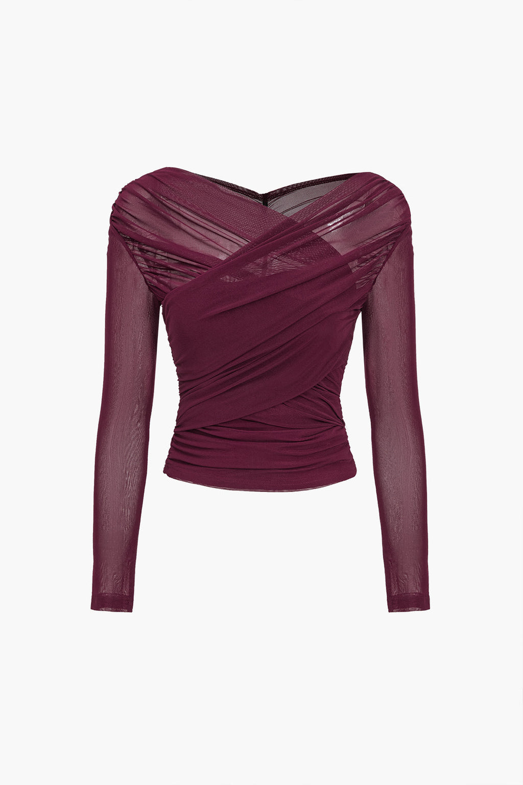 The Michelle — Ruched Mesh Top with Crossover Neckline