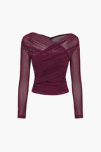 The Michelle — Ruched Mesh Top with Crossover Neckline