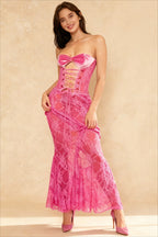 Velvet Sweetheart Lace Up Cut Out Sheer Lace High Split Maxi Dress