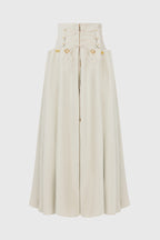 Custom Look Linen Blend Unique Metal Pattern Buttons Lace-up Waist Crisp Hem Maxi Skirt