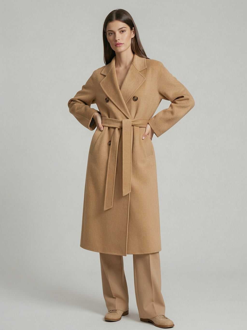 Wool Cashmere Blend Vintage A-line Coat With Classic Lapel And Belt For Women 2026