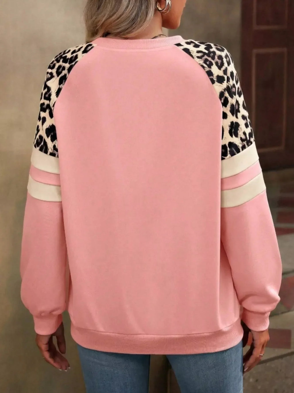 Leopard Round Neck Raglan Sleeve Sweatshirt