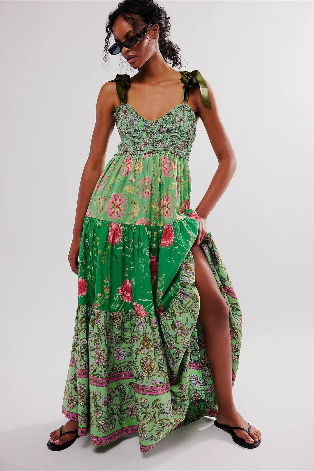Smocked V Neck Bow Shoulder Strap Mixed Floral Tiered Maxi Dress
