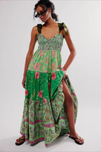 Smocked V Neck Bow Shoulder Strap Mixed Floral Tiered Maxi Dress