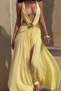 Halter Neck Deep V-Neck Cut Out Pleated Chiffon High Split Maxi Dress