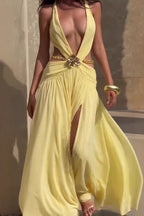 Halter Neck Deep V-Neck Cut Out Pleated Chiffon High Split Maxi Dress