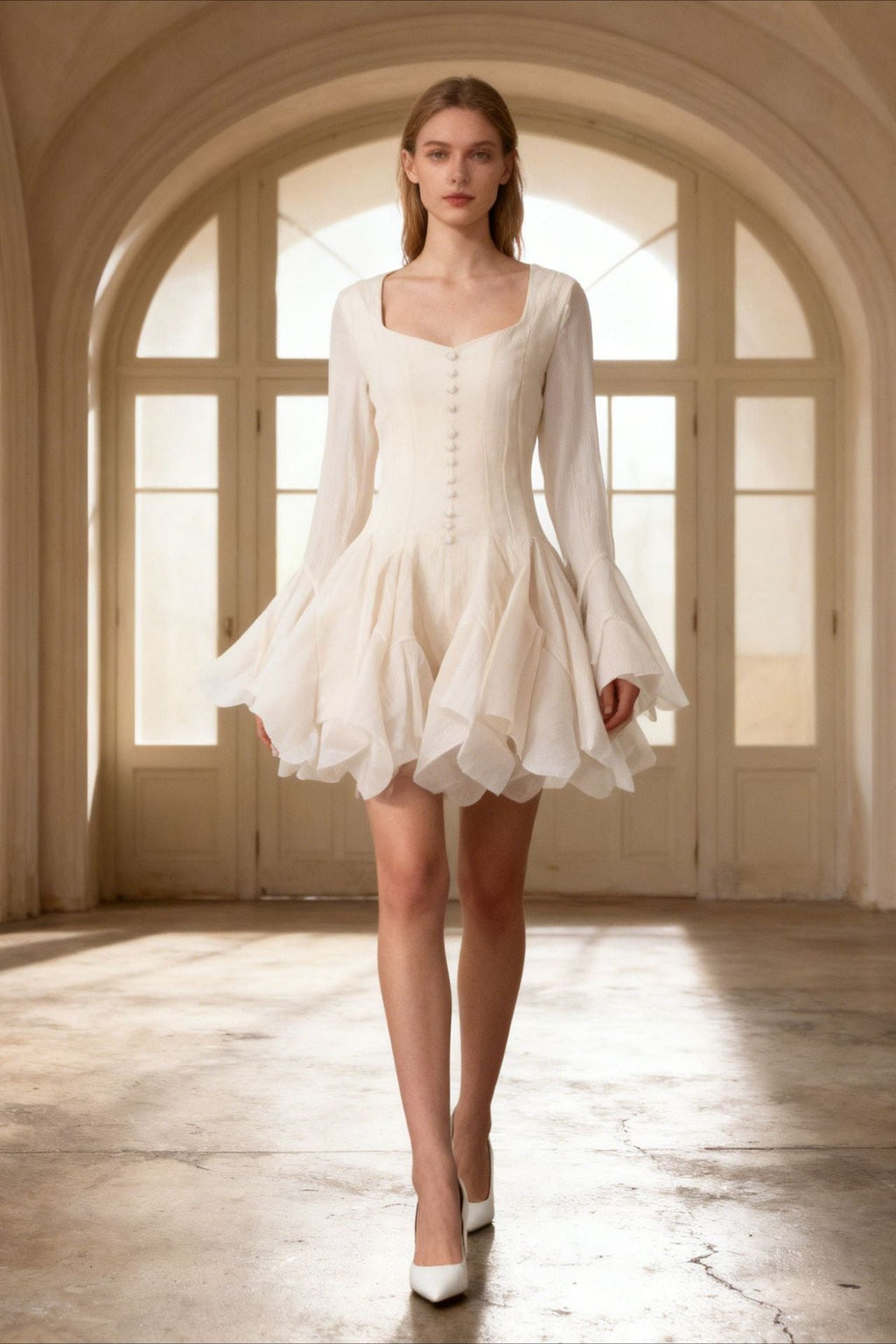 Square Neck Button Front Bell Sleeve Tiered Ruffle Cupcake Mini Dress