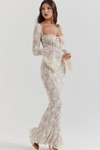 Lace Square Neck Milkmaid Tie Front Corset Seam Bell Sleeve Mermaid Maxi Dress