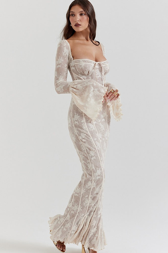 Lace Square Neck Milkmaid Tie Front Corset Seam Bell Sleeve Mermaid Maxi Dress