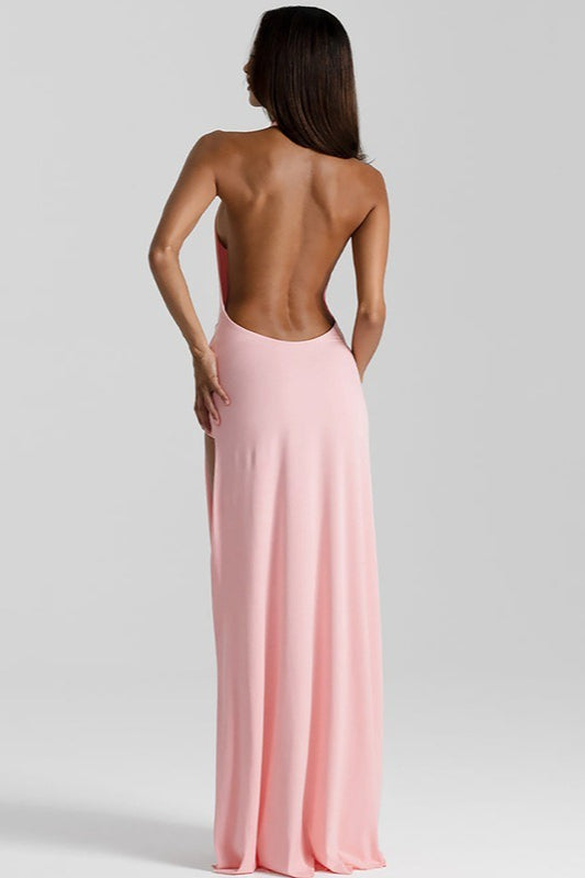 Halter Neck Deep V Wrap Ruched High Slit Maxi Dress
