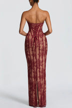 Sian Floral Lace Contrast Structural Detail Back Lace-up Strapless Slit Maxi Dress
