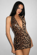Deep V Neck Sequin Print Halter Bodycon Mini Dress