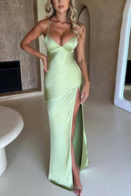 Satin Deep V-Neck Spaghetti Strap High Slit Column Maxi Dress