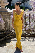 Satin Cowl Neck Spaghetti Strap Slip Maxi Formal Dress