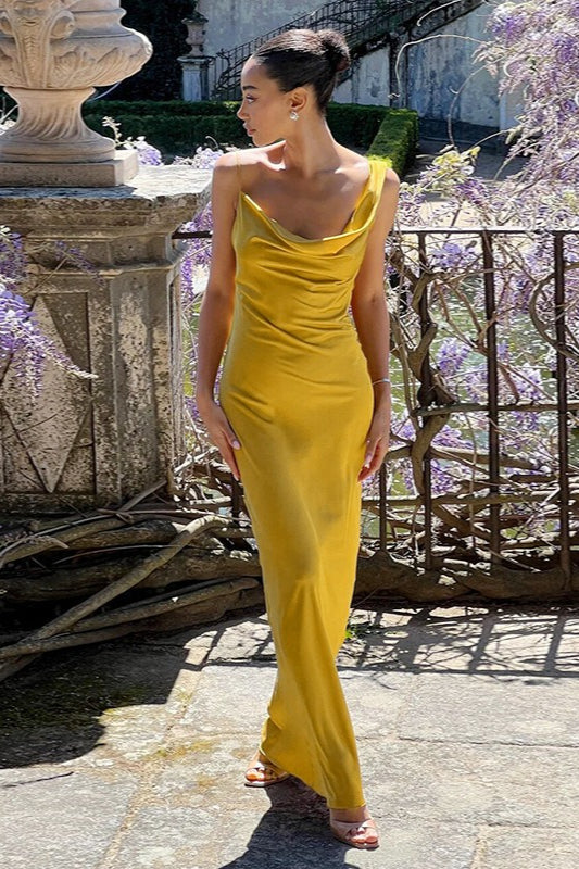 Satin Cowl Neck Spaghetti Strap Slip Maxi Formal Dress