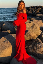 Lace Off Shoulder Ruffle Trim Long Bell Sleeve Vertical Panel Mermaid Maxi Dress
