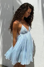 Halter Neck Deep V Neck Pleated Babydoll Mini Dress