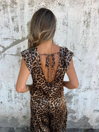 Women's V-Neck Leopard Print & Solid Jumpsuit