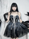 Gothic Lace Up Corset Floral Print Sheer Tiered Spaghetti Strap Mini Dress