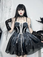Gothic Lace Up Corset Floral Print Sheer Tiered Spaghetti Strap Mini Dress