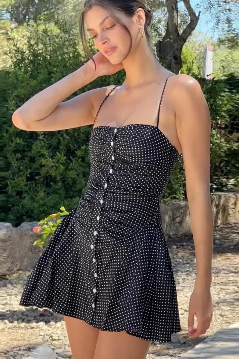 Polka Dot Square Neck Spaghetti Strap Ruched Button Front Fit and Flare Mini Dress