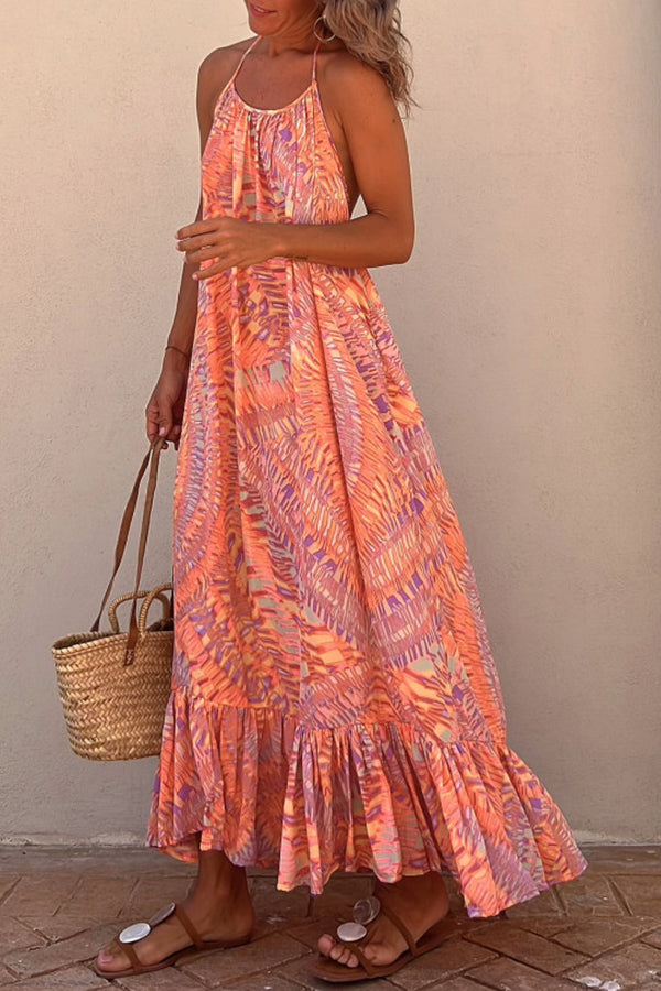 Ethnic Mandala Print Halter Backless Tassel Tiered Maxi Dress