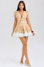 honeyflower print pleated cotton mini dress