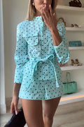 Trisha Linen Blend Polka Dot Stand Neck Belted Jacket and Low-Rise Pocket Mini Shorts Set