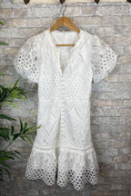 Crochet Lace Collar Button Down Flutter Sleeve Tiered Mini Dress